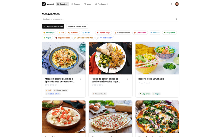 Yummi - Vue desktop de la collection de recettes